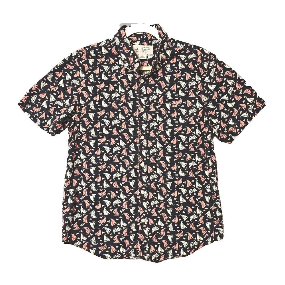 Original Penguin Button Shirt Coastal Preppy‎ Nautical Sailboats Blue Cotton M